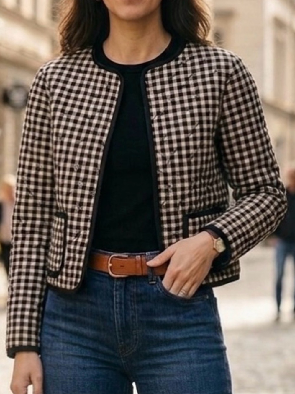 Bow Gingham Caroline Constas Quilted Jacket XS Black Beige Coquette Cottagecore